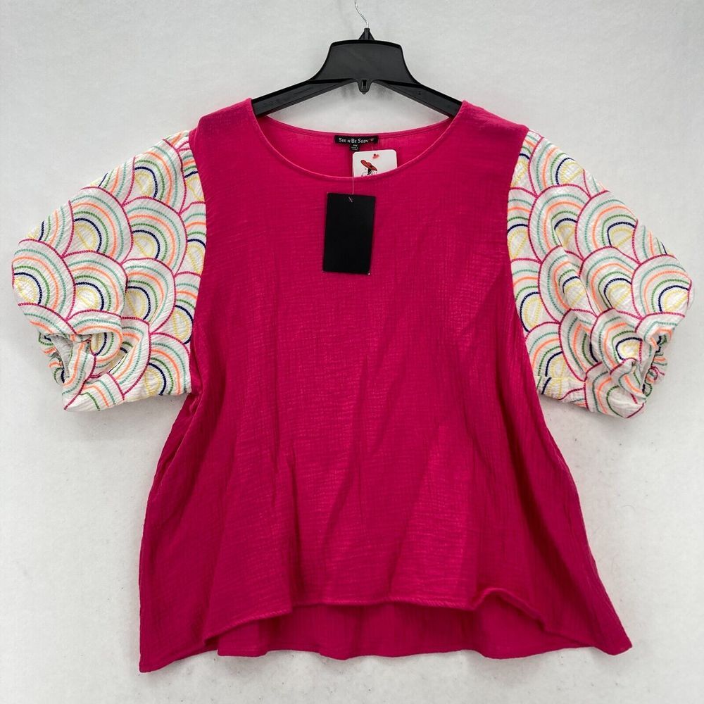 See N Be Seen Fuchsia Gauze Top 1X‎ Embroidered Puff Sleeve Boho Tunic Rainbow